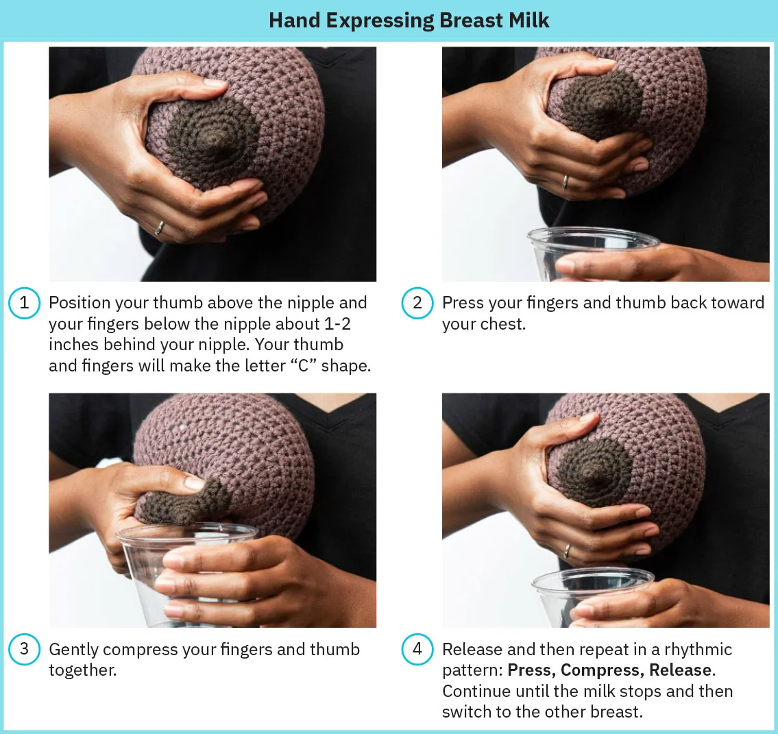 Photo of steps for hand expressing breast milk: 1. Positioning, 2. Pressing, 3. Compressing, and 4. Release and repeat.