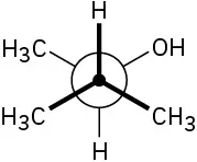 Newman projection of a 4-carbon chain with front carbon hydrogen, methyl, and methyl substituents (clockwise). The back carbon has hydroxyl, hydrogen, and methyl  substituents (clockwise).
