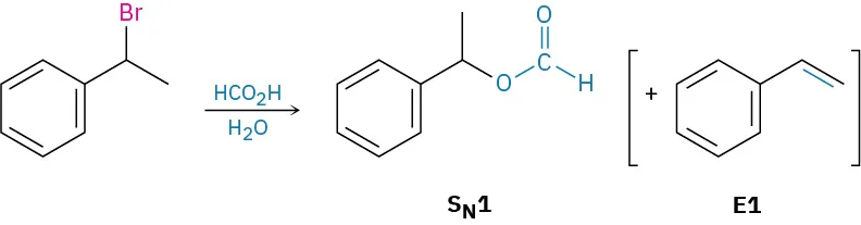 1-bromoethylbenzene reacts in the presence of formic acid and water. The two products come from S N 1 (formate replaces bromine) and E1 (product is styrene).