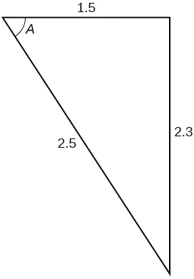 A triangle. Angle A is opposite a side of length 2.3. The other two sides are 1.5 and 2.5.