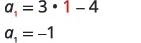 The calculation of the first term, a_1, from the expression 3 * 1 - 4, resulting in a_1 = -1. The value '1' is highlighted in red, indicating its substitution.