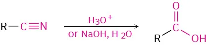 Nitrile reacts with hydronium or sodium hydroxide and water to produce carboxylic acid. Nitrile carbon becomes the carboxyl.