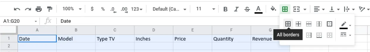 Cells A1 to G20 are selected in a spreadsheet and the Borders icon is selected. All borders is selected from the options visible.