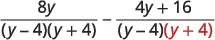 A mathematical expression showing the subtraction of two rational expressions with a common denominator (y-4)(y+4).