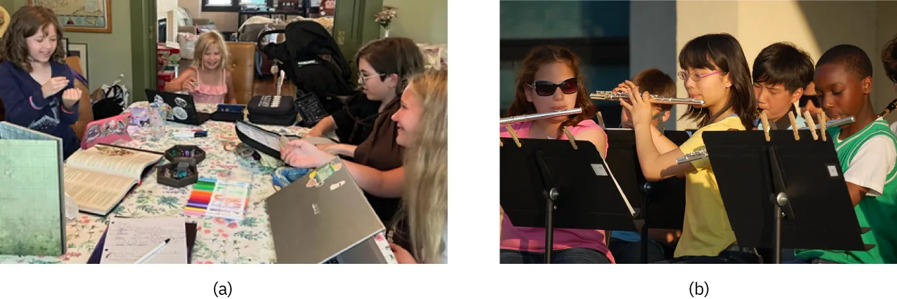 Image a: Group of children sitting around a table coloring, working at computers, and reading. Image b: Several children playing the flute
