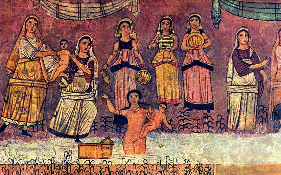 A painting is shown of women standing along a river with dark, curly plants growing along both sides of the river. Two women in the left part of the painting are dressed in long brown and white robed clothing and cloth dressings on their heads, both tugging at a naked infant with black hair. The next three women are seen in sleeveless long dresses and short head covering holding various shaped and colored jugs and jars. The last woman is wearing long robed white clothing over a long-sleeved brown shirt, wearing a long white head covering, and holding her right hand out to another woman who is shown only halfway in the painting, wearing a long pink dress and long pink head covering. In the white-gray water there is a naked lady with long black hair and a necklace holding a naked infant with black hair. In the water a brown rectangular object with a triangle top on the right side floats next to the woman. Above the women’s heads there are beige and blue drapes and the background is a hazy purple color.