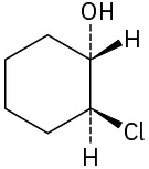 In a cyclohexane ring, C1 is dash bonded to the hydroxyl group and wedge bonded to hydrogen. C2 is wedge bonded to chlorine and dash bonded to hydrogen.