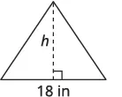 A white equilateral triangle is depicted with a dashed line representing its height, labeled 'h', extending from the top vertex perpendicularly to the base. The base of the triangle is labeled '18 in'.