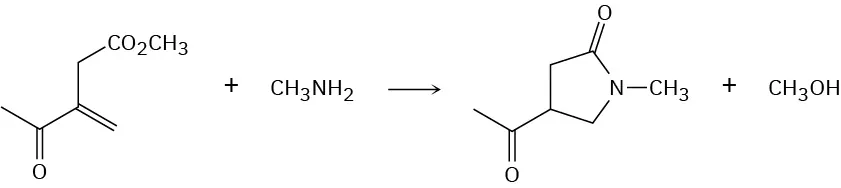 A carbonyl compound reacts with methylamine to form cyclopentanone with N C H 3 and methoxy group and methanol is the second product.