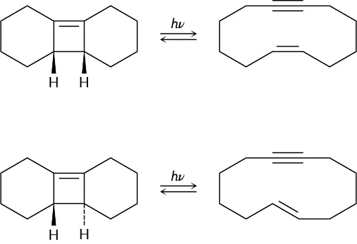 Cis cyclobutene isomer undergoes a photochemical reaction to give cis-cyclododecaen-7-yne. The trans-isomer undergoes a photochemical reaction to give trans-cyclododecaen-7-yne. A double bond is between C 1 and C 2.