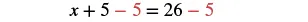 A mathematical equation shows 'x + 5 - 5 = 26 - 5' with the subtracted '5' highlighted in red on both sides of the equality sign, illustrating a step in solving for x.