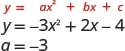 This image displays a comparison between the standard quadratic equation, y = ax^2 + bx + c, and a specific instance, y = -3x^2 + 2x - 4. It highlights that in this case, a = -3.