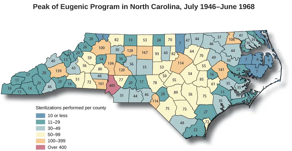 A map of North Carolina titled “Peak of Eugenic Program in North Carolina, July 1946-June 1968”. A legend reads “Sterilizations performed by county” and marks the counties into six categories. Seven counties are marked “10 or less”. Twenty-six counties are marked “11-29”. Twenty-five counties are marked “30-49”. Twenty-seven counties are marked “50-99”. Eleven counties are marked “100-399”. One county is marked “Over 400”.