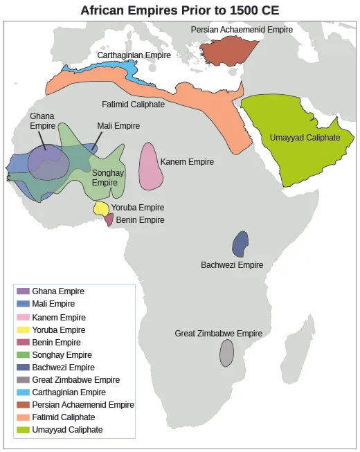 A map shows the locations of the major West African empires before 1492, including the Ghana Empire; Mali Empire; Kanem Empire; Yoruba Empire; Benin Empire; Songhay Empire; Bachwezi Empire; Great Zimbabwe Empire; Carthaginian Empire; Persian Achaemenid Empire; Fatimid Caliphate; and Umayyad Caliphate.