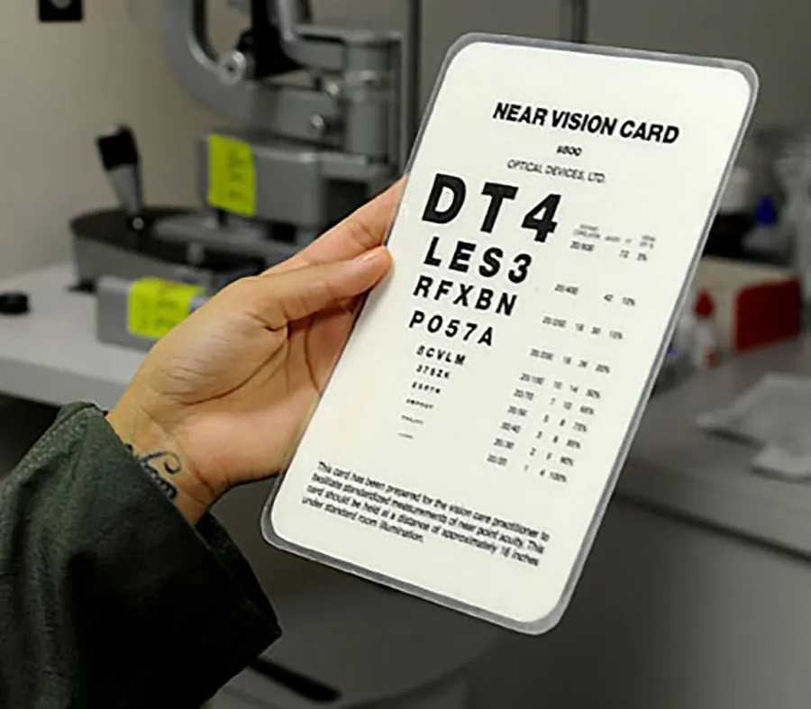 An image if a Snellen card, showing larger letters at the top and smaller letters at the bottom.