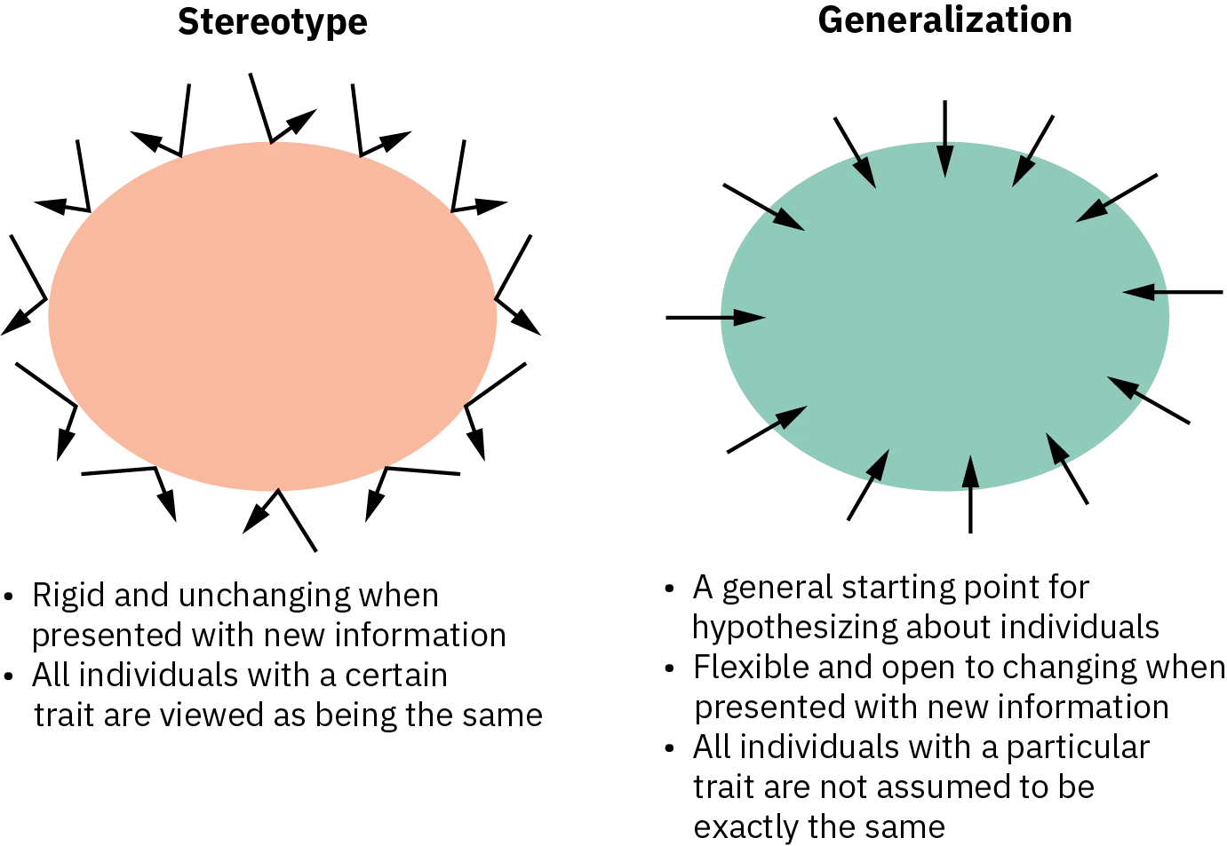 A drawing shows two ovals, one representing stereotypes and one representing generalizations. New information, represented by arrows, bounces off of the oval representing stereotypes, but it penetrates and informs generalizations.