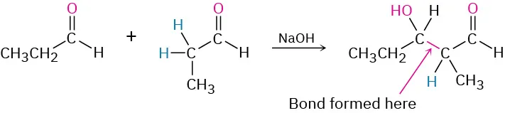 Two molecules of ethanaldehyde react with sodium hydroxide to yield beta-hydroxy aldehyde (3-hydroxy-2-methylpentanal). New bond formed between C 2 and C 3.
