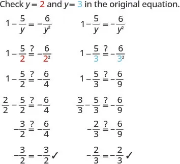 Verification of solutions for an algebraic equation, showing y=2 and y=3 both satisfy 1 - 5/y = -6/y^2 through step-by-step substitution.
