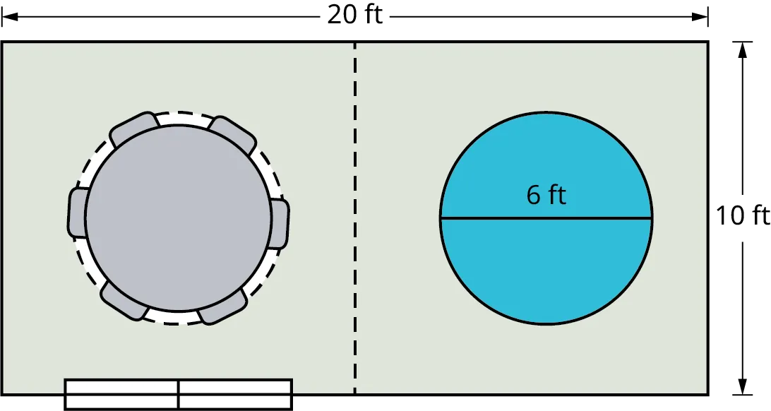 A patio is divided into two equal parts. The length and width of the patio measure 20 feet and 10 feet. The left part of the patio has a table with six chairs. The right part of the patio has a hot tub whose diameter is marked 6 feet.