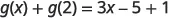 A mathematical equation is displayed, showing 'g(x) + g(2) = 3x - 5 + 1' in black text on a white background.