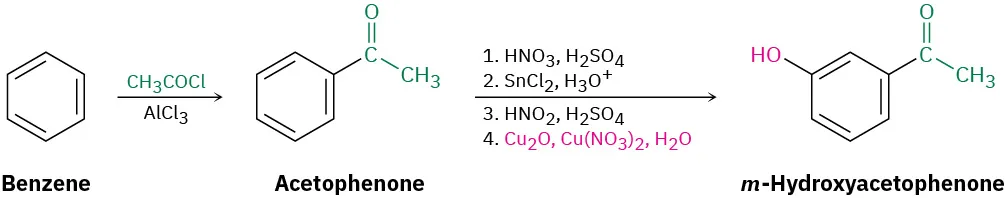 Benzene reacts with acetyl chloride and aluminum chloride to form acetophenone. This reacts with four different sets of reagents in four different steps to form m-hydroxyacetophenone.