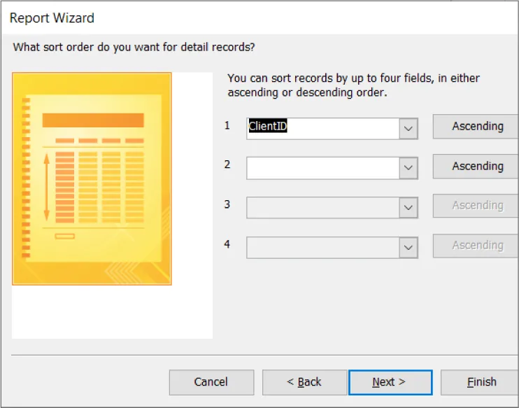 Report Wizard window reads: What sort order do you want for detail records? Panes available for populating (one displays ClientID) with Ascending buttons at right. Next button selected at bottom.