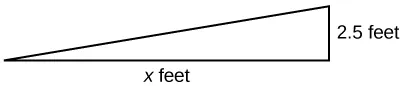 A right-angled triangle is shown with its horizontal leg labeled as "x feet" and its vertical leg labeled as "2.5 feet". The hypotenuse of the triangle is not labeled.