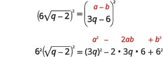 The image shows mathematical equations demonstrating algebraic expansions. The top line presents two squared expressions: (6√(q-2))^2 and ((a-b)/(3q-6))^2. The bottom line details the expansion of 6^2(√(q-2))^2 and the binomial expansion of (3q-6)^2, referencing the identity a^2 - 2ab + b^2.