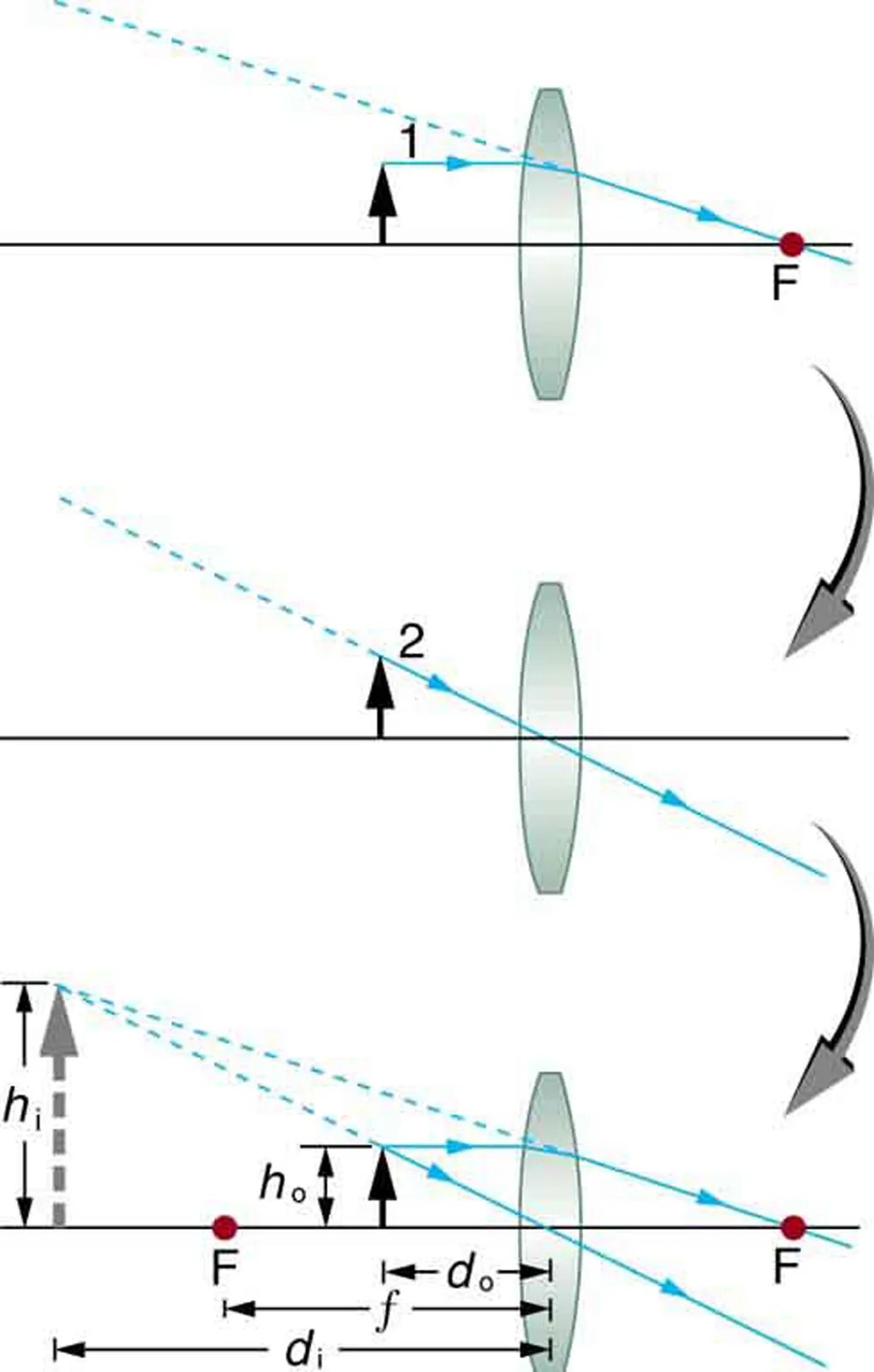Ray tracing demonstrates the formation of a virtual, upright, and magnified image by a converging lens when the object is positioned within its focal length. Labels denote object/image distances/heights.
