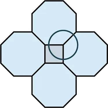 A tessellation pattern is made up of four octagons. The octagons are joined such that it forms a square at the center. A circle is drawn partially overlapping two octagons and the square.