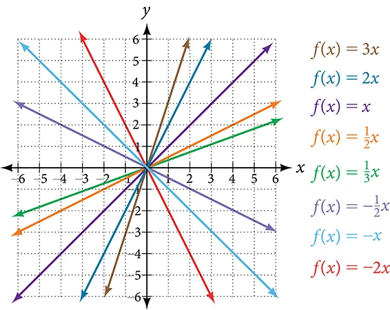 A graph displays eight different linear functions plotted on a Cartesian coordinate system. All lines pass through the origin (0,0). The functions include f(x) = 3x (brown), f(x) = 2x (dark blue), f(x) = x (purple), f(x) = 1/2x (orange), f(x) = 1/3x (green), f(x) = -1/2x (light blue), f(x) = -x (dark purple), and f(x) = -2x (red). The x-axis and y-axis both range from -6 to 6, with grid lines indicating integer values. Each function is color-coded and its equation is listed in corresponding colors to the right of the graph.