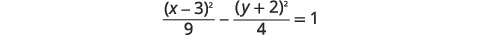 A mathematical equation for a hyperbola is displayed, reading: (x-3)^2 / 9 - (y+2)^2 / 4 = 1.