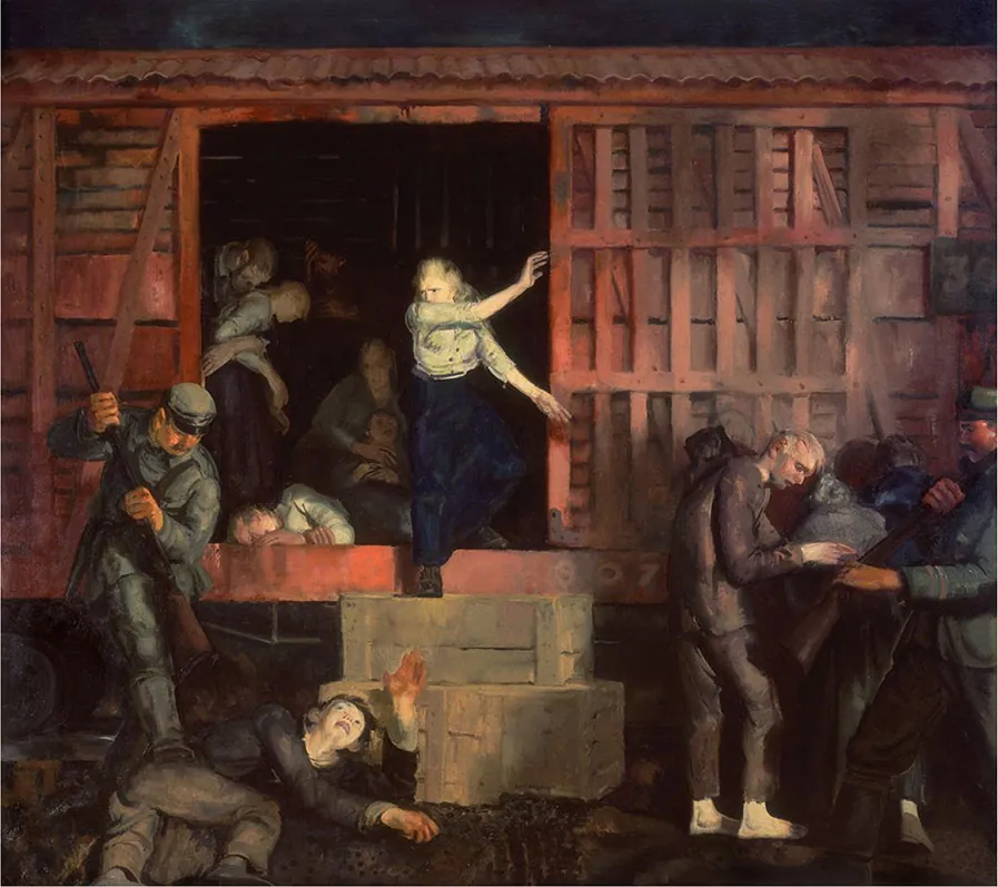 A painting depicts German soldiers unloading a group of ailing prisoners from a boxcar. A German soldier prepares to strike one man, who lies on the ground, with the butt of a rifle; the prisoner holds a hand up in defense, while a young woman exiting the boxcar watches in horror. Inside the boxcar, an elderly man holds up an ill young woman. Another woman sits on the ground holding a child.