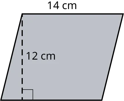 A parallelogram with its base marked 14 centimeters and height marked 12 centimeters.