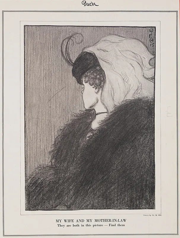 The black-and-white drawing shows both a beautiful young person or a haggard old person as the same figure depending on the viewer’s perspective.