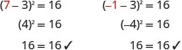 Two math problems are solved: (7-3)^2=16 and (-1-3)^2=16. Both simplify to (4)^2=16 and (-4)^2=16 respectively, ultimately confirming 16=16, illustrating squaring positive and negative numbers.