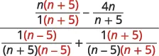 An algebraic expression showing a complex fraction. The numerator involves subtraction of two fractions, and the denominator involves addition of two fractions. Variables 'n' are present.