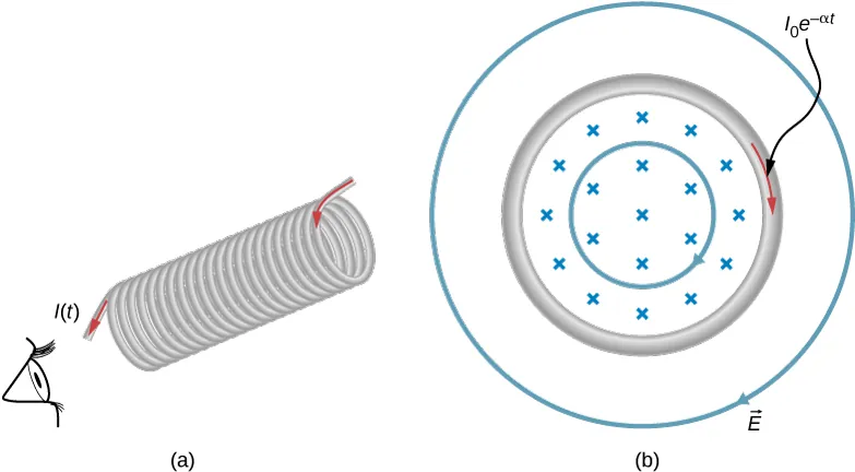 Część a rysunku przedstawia widok perspektywiczny solenoidu o wielu zwojach. Solenoid umieszczony jest ukośnie na płaszczyźnie rysunku. Podłużna oś tego solenoidu nachylona pod kątem ostrym do poziomu. Na rysunku widoczny jest poprzeczny przekrój górnego końca tegoż solenoidu. Kołowe uzwojenie solenoidu nawinięte jest w kierunku przeciwnym do ruchu wskazówek zegara. Prąd o zmiennym w czasie natężeniu, doprowadzony jest do górnego końca solenoidu i płynie w kierunku jego dolnego końca. W lewym dolnym rogu rysunku, w podłużnej osi solenoidu, umieszczony jest piktogram oka obserwatora. Część b rysunku przedstawia poprzeczny przekrój lewego końca solenoidu z części a. Prąd w kołowej, przewodzącej pętli płynie zgodnie z ruchem wskazówek zegara. Wewnątrz pętli panuje jednorodne pole magnetyczne, prostopadłe do jej płaszczyzny. Pole to zwrócone jest do płaszczyzny rysunku. Wewnątrz i na zewnątrz pętli, koncentrycznie z jej środkiem – zaznaczone są kołowe linie sił pola elektrycznego o natężeniu E. Strzałki na liniach sił zwrócone są zgodnie z ruchem wskazówek zegara.