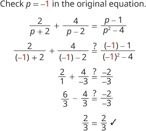 An image demonstrating the verification of p = -1 as a solution to an algebraic equation. The steps show substitution and simplification, confirming that both sides of the equation are equal to 2/3.