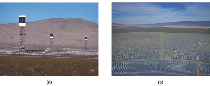 Se muestran dos imágenes etiquetadas como a y b. La imagen a muestra una central térmica con tres altas torres metálicas. La imagen b es una imagen aérea de los espejos utilizados en la planta. Están dispuestos en filas.