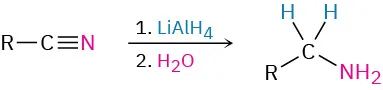 Nitrile reacts first with lithium aluminum hydride, then with water to produce a primary amine. Nitrile nitrogen becomes amine nitrogen.