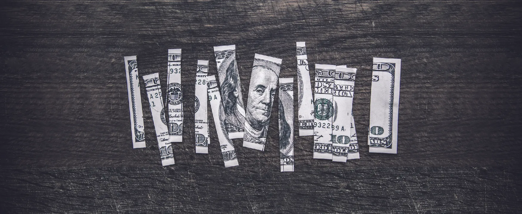 Photograph of a $100 bill cut into pieces.