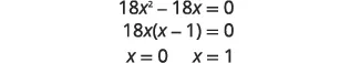 A step-by-step solution to the quadratic equation 18x^2 - 18x = 0 is displayed, showing factorization into 18x(x - 1) = 0, which yields the solutions x = 0 and x = 1.