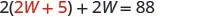 A mathematical equation is displayed: 2(2W + 5) + 2W = 88. The terms '2W' and '5' within the parentheses are highlighted in red, contrasting with the black color of the rest of the equation.