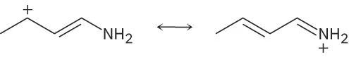 A 4-carbon chain with a double bond and amine at C1 and a positive charge at C3. Its resonance form shows double bonded amine with positive charge on the nitrogen.