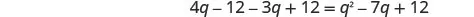 A mathematical equation is displayed on a white background: 4q - 12 - 3q + 12 = q^2 - 7q + 12. The equation appears to be part of an algebra problem, involving a variable 'q' and various constants.