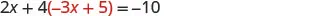 A mathematical equation is displayed against a white background: 2x + 4(-3x + 5) = -10. The numbers and variables are in a dark gray font, while the '-3x + 5' inside the parentheses is highlighted in red.