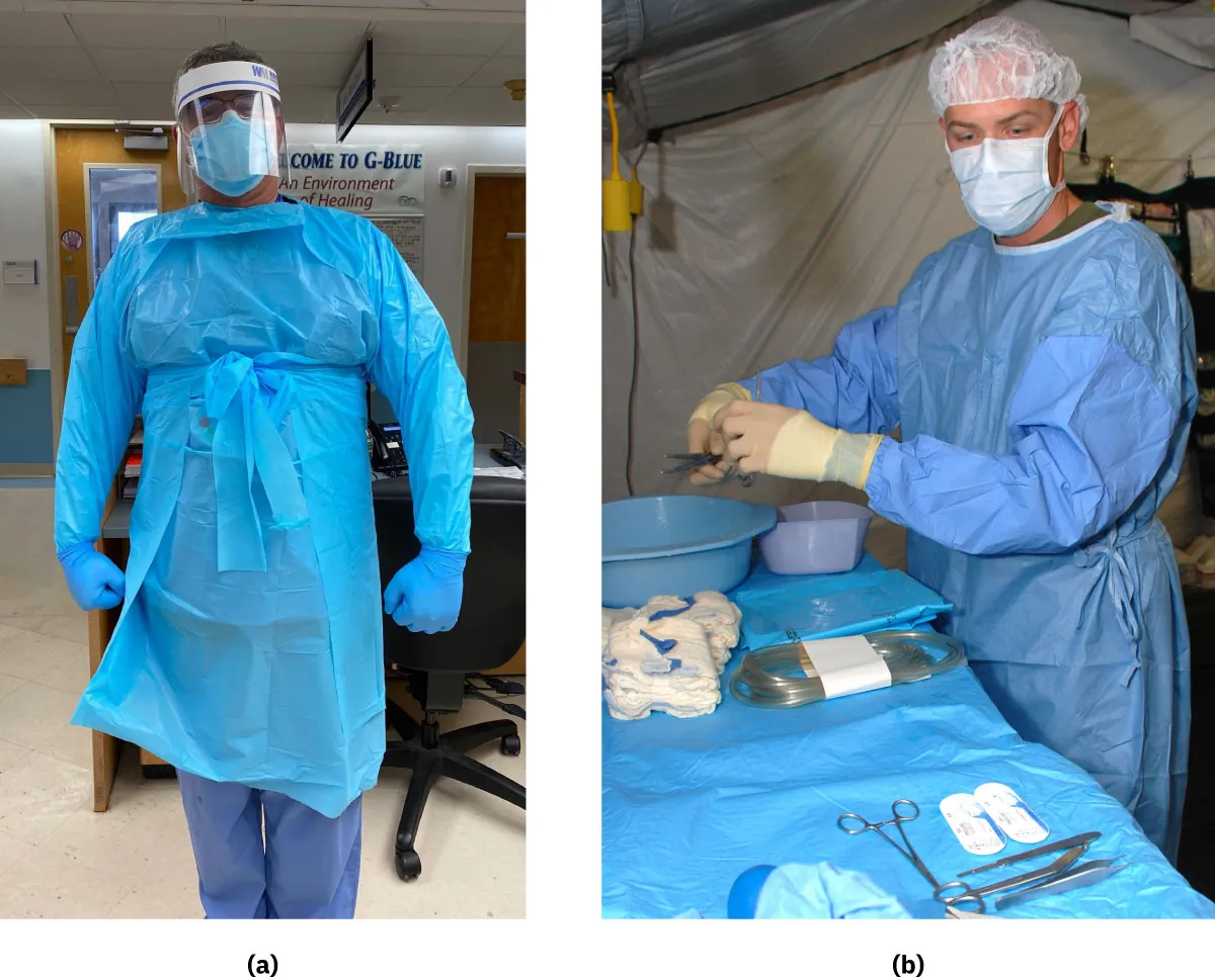 Image (a) shows a healthcare worker wearing a blue medical gown, while image (b) shows a healthcare worker wearing a blue surgical isolation gown.