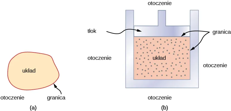 Rysunek a przedstawia ideę układu. Granica oddziela układ od otoczenia. Rysunek b jest schematyczną ilustracją cylindra silnika, będącego przykładem konkretnego układu. Układem jest gaz wewnątrz tłoku. Granica składa się z cylindra oraz tłoka przykrywającego cylinder od góry. Otoczenie to wszystko na zewnątrz cylindra i nad tłokiem.