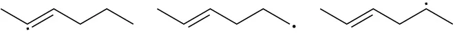 The figure shows three structures of 2-hexene radicals. The radical is on C2 in one structure, C6 in another, and C5 in the third.